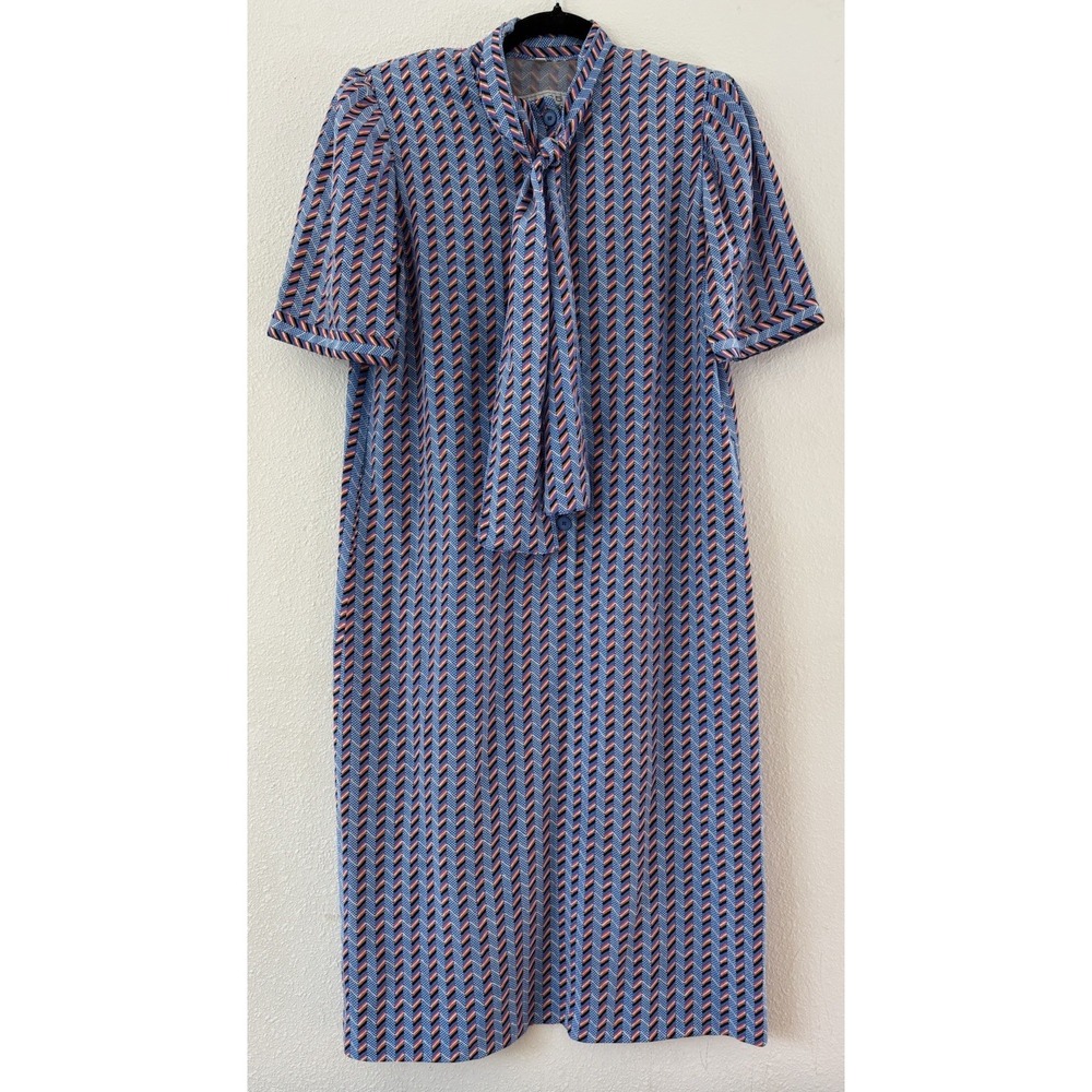 Vintage Givenchy 5 Paris Silk Retro Print Shirtdress 70s Blue Designer Size 10